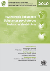 E-book, Psychotropic Substances 2010/Substances psychotropes 2010/Sustancias psicotrópicas 2010 : Statistics for 2009 - Assessments of Annual Medical and Scientific Requirements for Substances of the Convention on Psychotropic Substances in Schedules II, III and IV of the Convention on Psychotropic Substances of 1971/Statistiques pour 2009 - Prévisions des besoins annuels médicaux et scientifiques concernant les subtances des Tableaux II, III et IV de la Convention de 1971 sur les substances psychotropes/Estadísticas de 2009 - Previsiones de las Necesidades Anuales para Fines Médicos y Científicos de las Sustancias de las Listas II, III y IV del Convenio de 1971 sobre Sustancias Sicotrópicas, United Nations Publications
