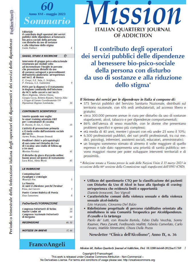 Issue, Mission : Italian Quarterly Journal of Addiction : XVI, 60 2023, Franco Angeli